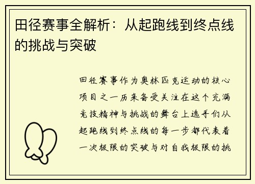 田径赛事全解析：从起跑线到终点线的挑战与突破